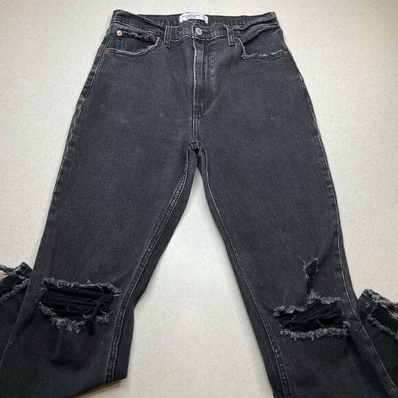 A&F Ankle Straight Ultra High Rise 28 Regular Washed Black Ripped - Picture 3 of 6